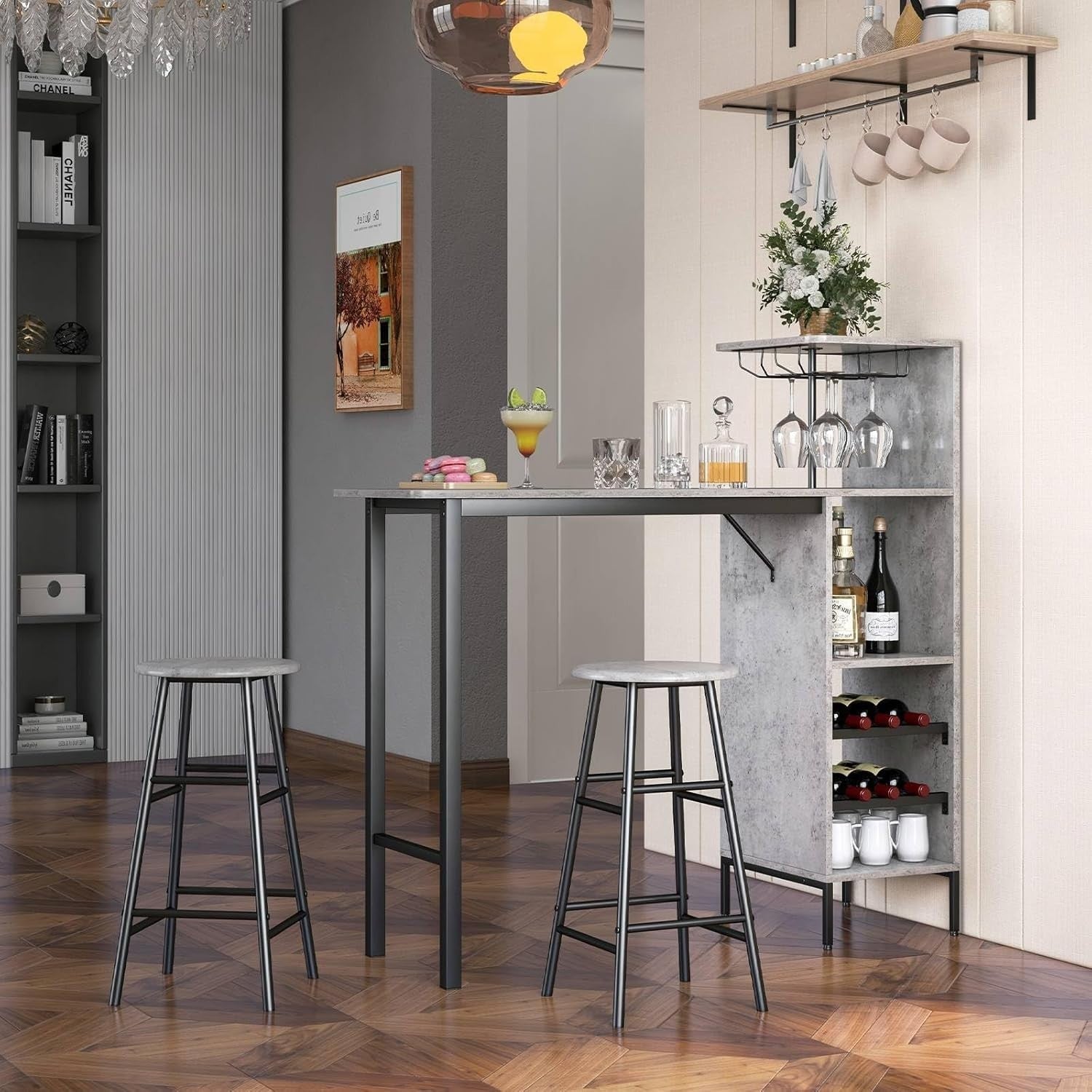 Grey 3 - Piece Bar Table Set with Shelves, Stools & Wine Rack, Industrial Dining - Kwikley