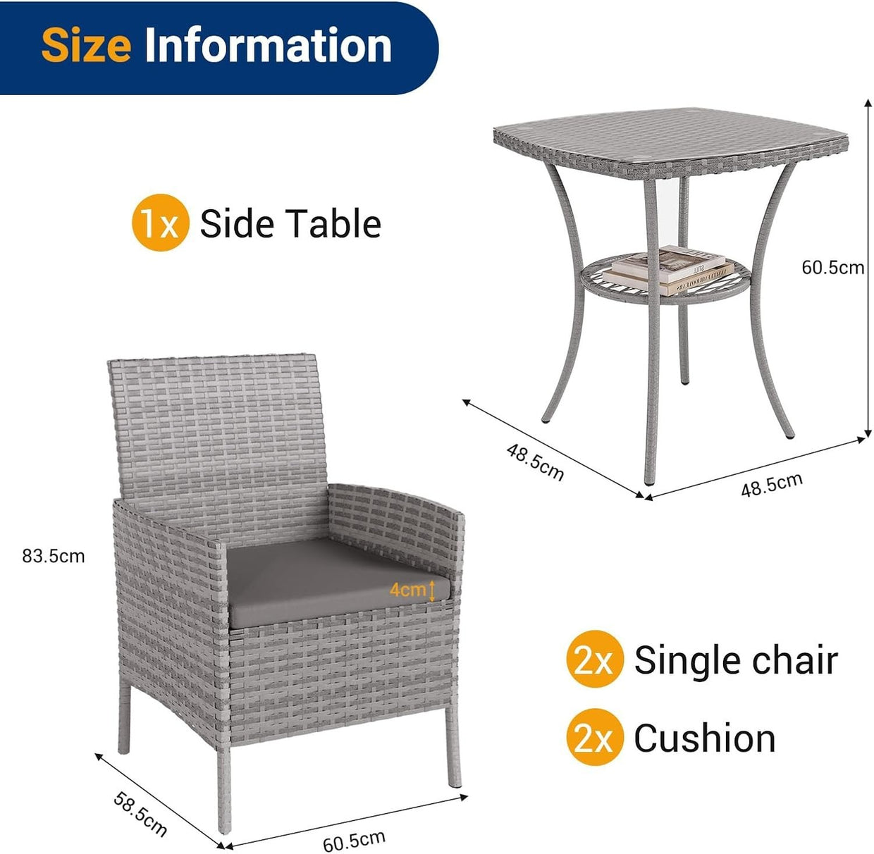 Grey 3 - Piece Rattan Garden Bistro Set Patio Chairs Table Outdoor Furniture - Kwikley