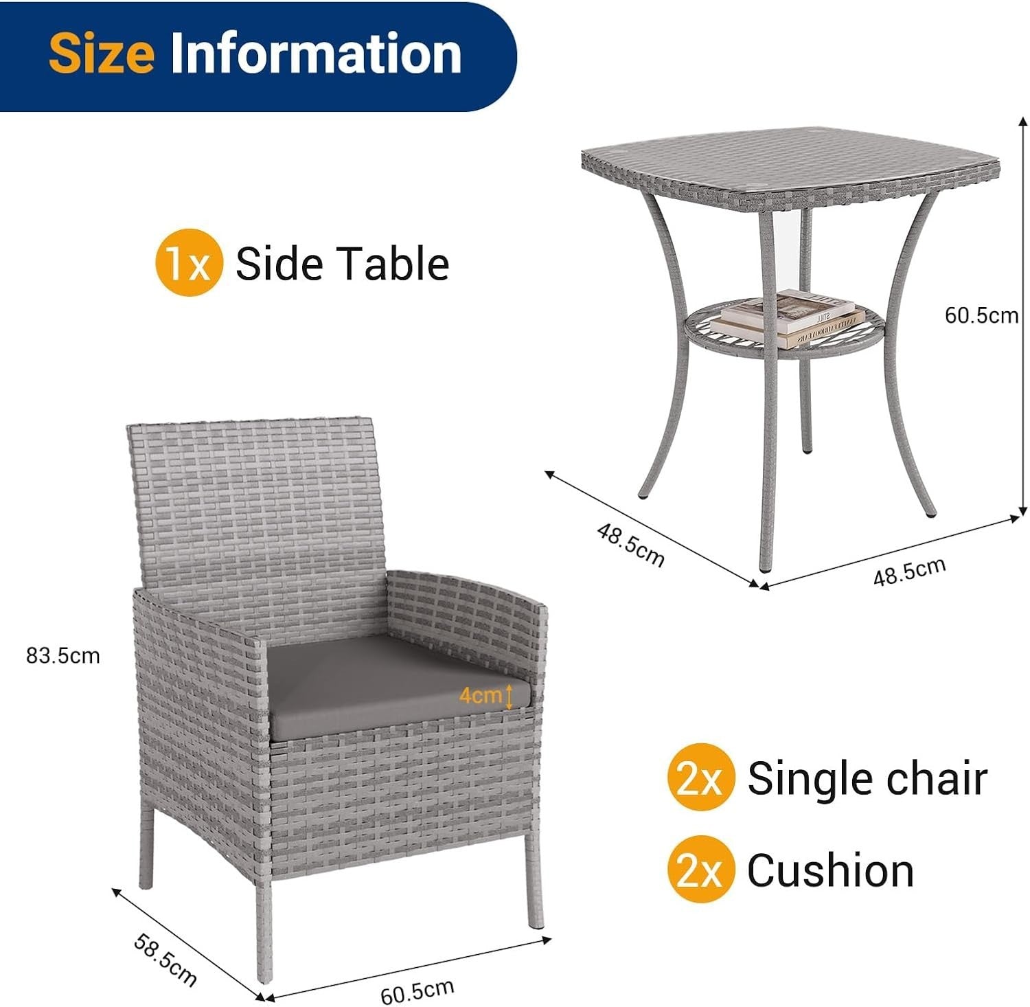 Grey 3 - Piece Rattan Garden Bistro Set Patio Chairs Table Outdoor Furniture - Kwikley