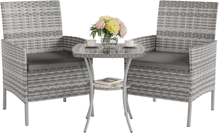 Grey 3 - Piece Rattan Garden Bistro Set Patio Chairs Table Outdoor Furniture - Kwikley