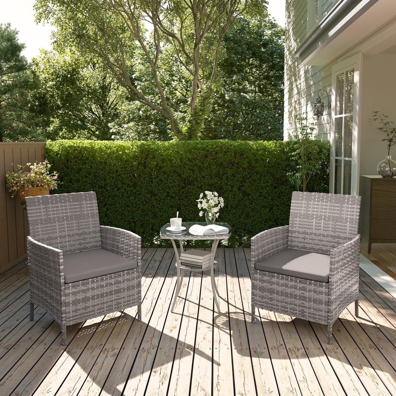 Grey 3 - Piece Rattan Garden Bistro Set Patio Chairs Table Outdoor Furniture - Kwikley