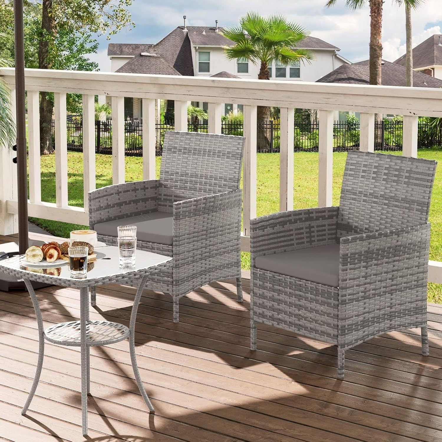 Grey 3 - Piece Rattan Garden Bistro Set Patio Chairs Table Outdoor Furniture - Kwikley