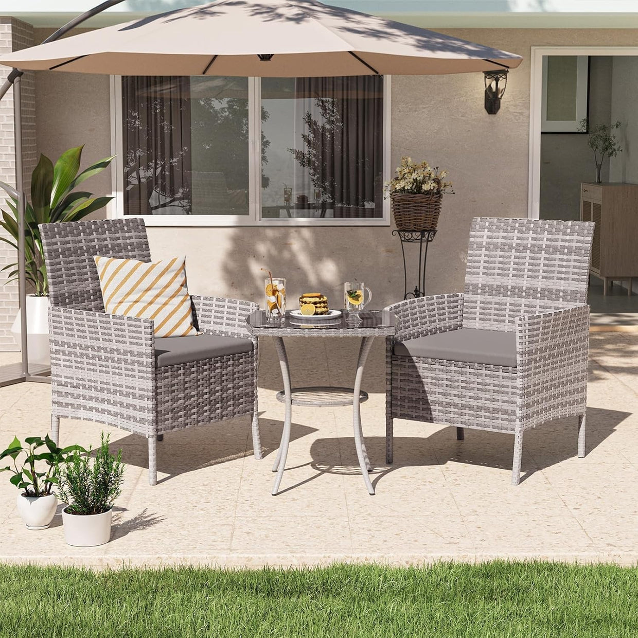 Grey 3 - Piece Rattan Garden Bistro Set Patio Chairs Table Outdoor Furniture - Kwikley