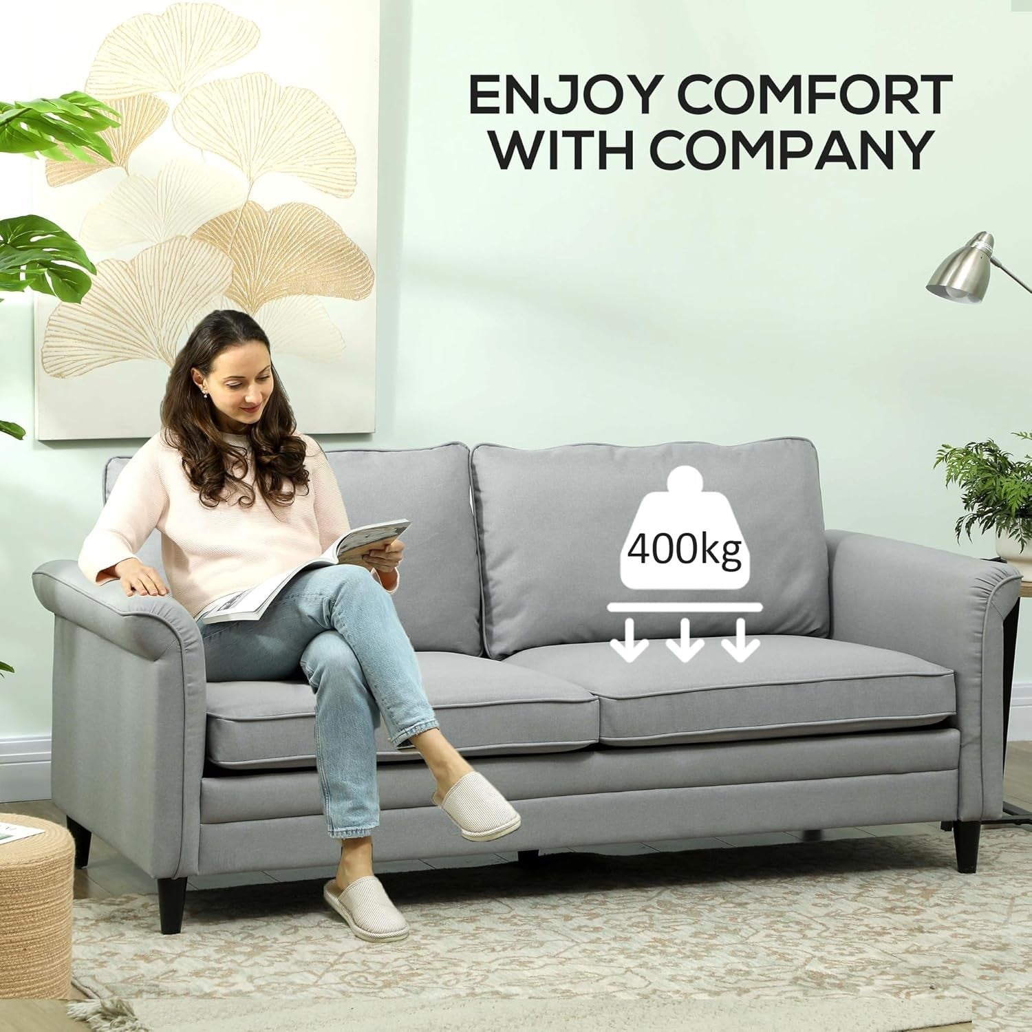 Grey 3 Seater Fabric Sofa Bed Guest Couch w/ Spring Cushions Small Rooms - Kwikley