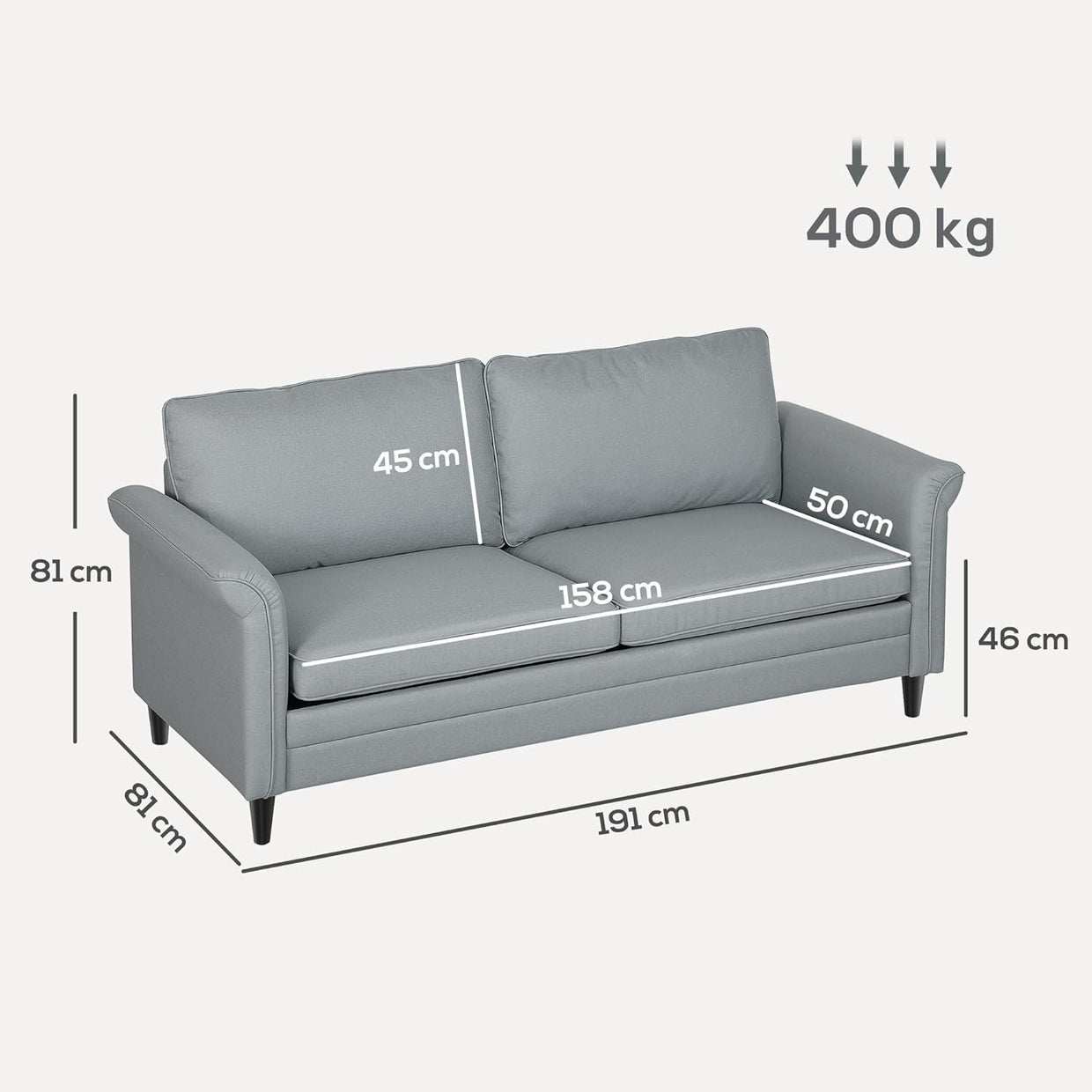 Grey 3 Seater Fabric Sofa Bed Guest Couch w/ Spring Cushions Small Rooms - Kwikley