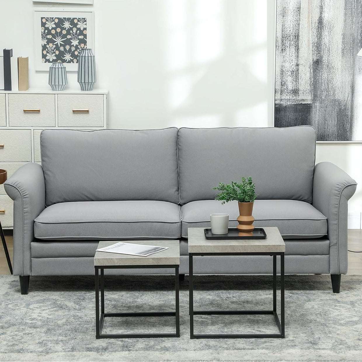 Grey 3 Seater Fabric Sofa Bed Guest Couch w/ Spring Cushions Small Rooms - Kwikley