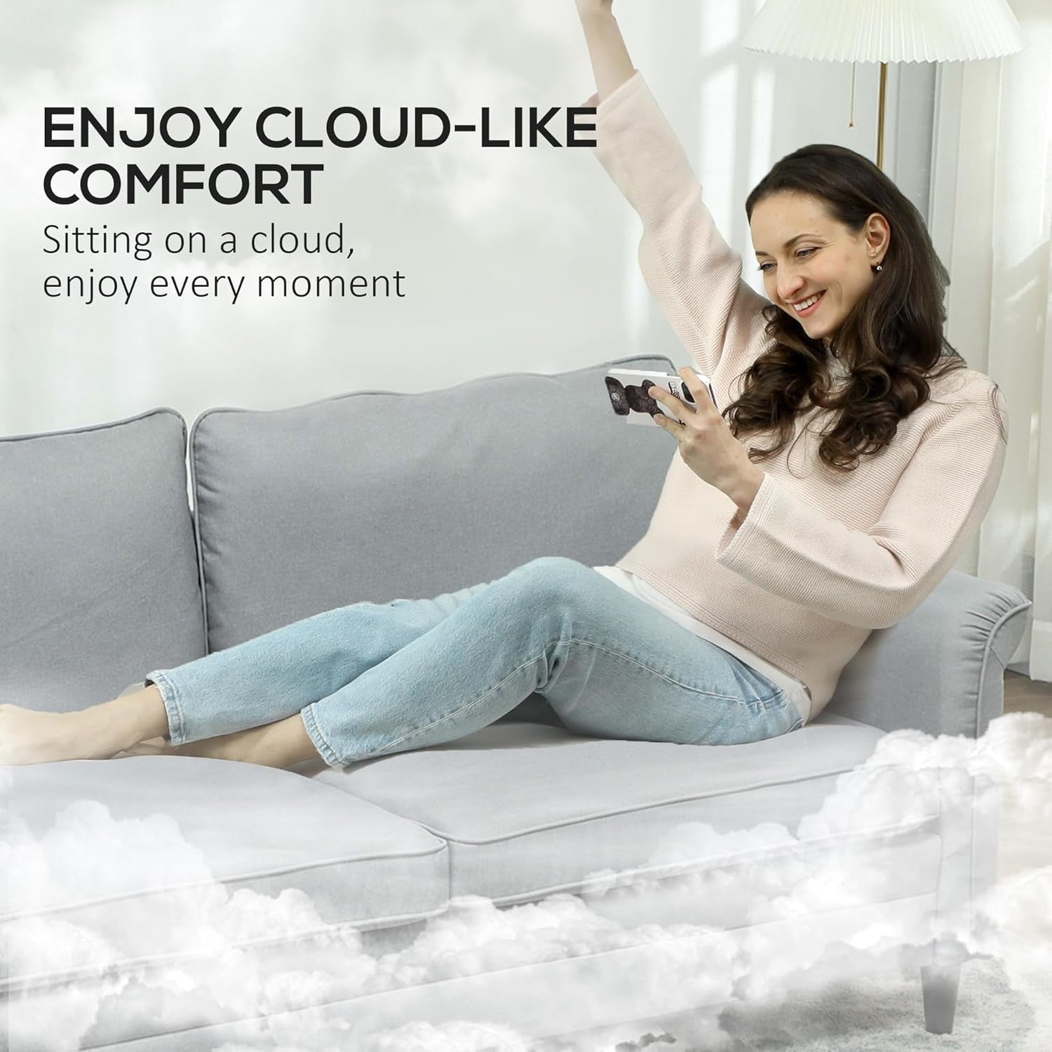 Grey 3 Seater Fabric Sofa Bed Guest Couch w/ Spring Cushions Small Rooms - Kwikley