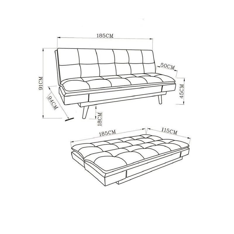 Grey 3 Seater Sofa Bed Click Clack | Tufted Fabric Adjustable Armrests - Kwikley