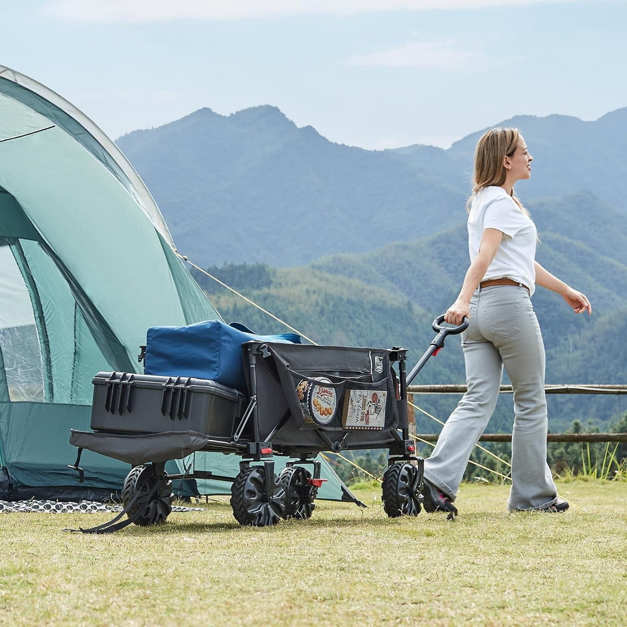 Grey 300L Tailgate Folding Camping Wagon 135kg Heavy Duty Trolley with Brakes - Kwikley