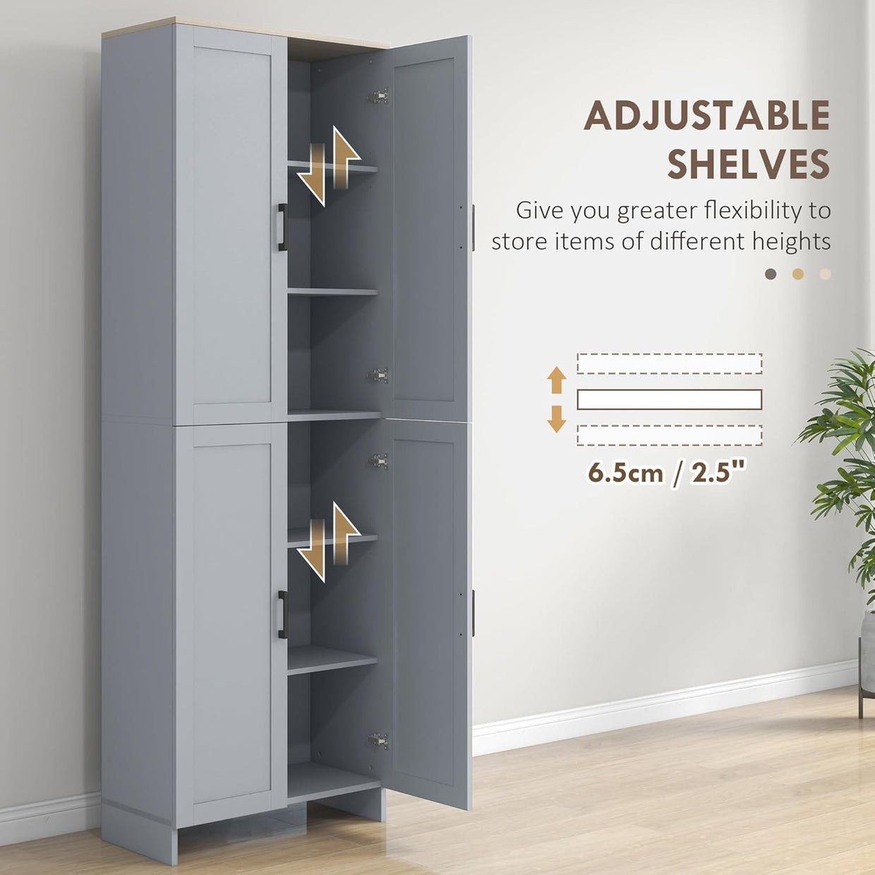 Grey 4 Door Kitchen Storage Cabinet with Adjustable Shelves Tall Cupboard - Kwikley