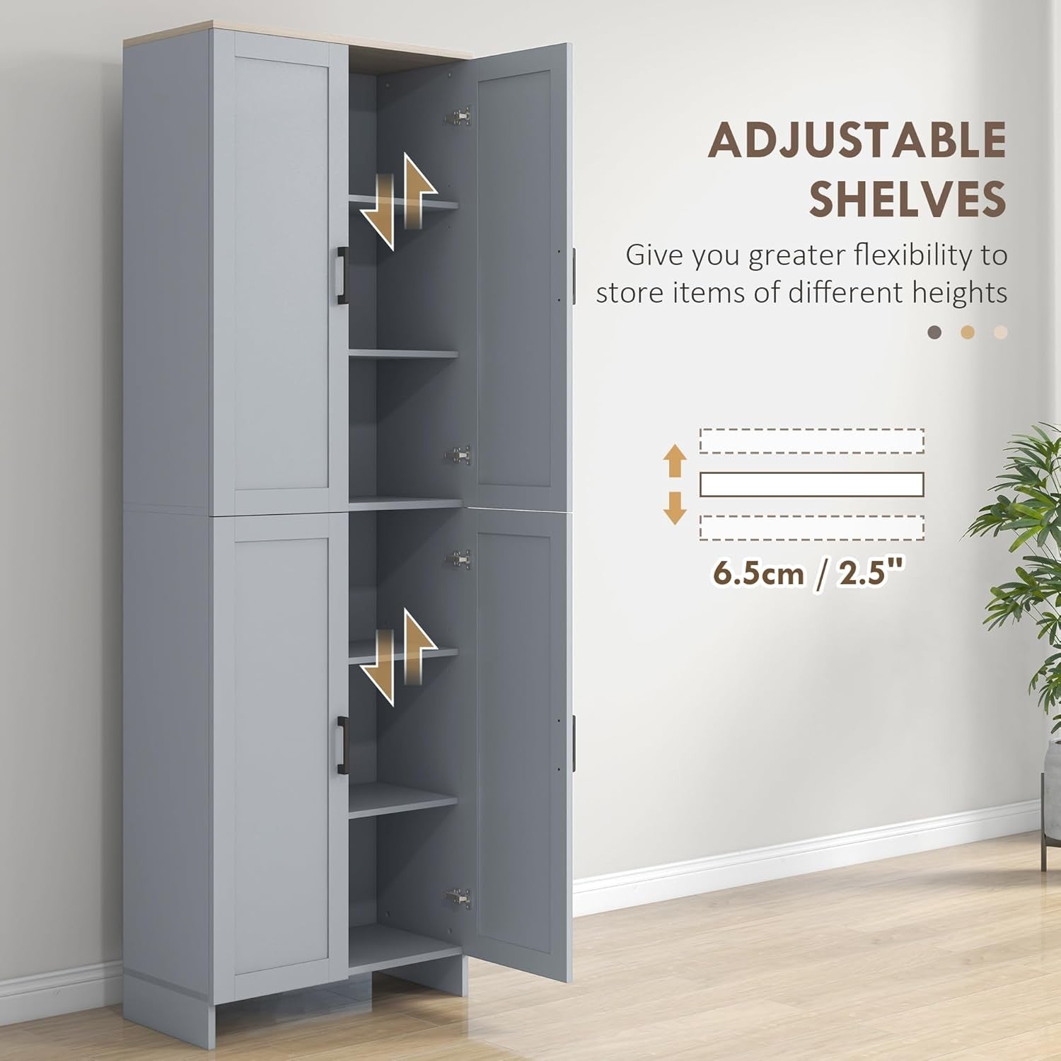 Grey 4 Door Kitchen Storage Cabinet with Adjustable Shelves Tall Cupboard - Kwikley