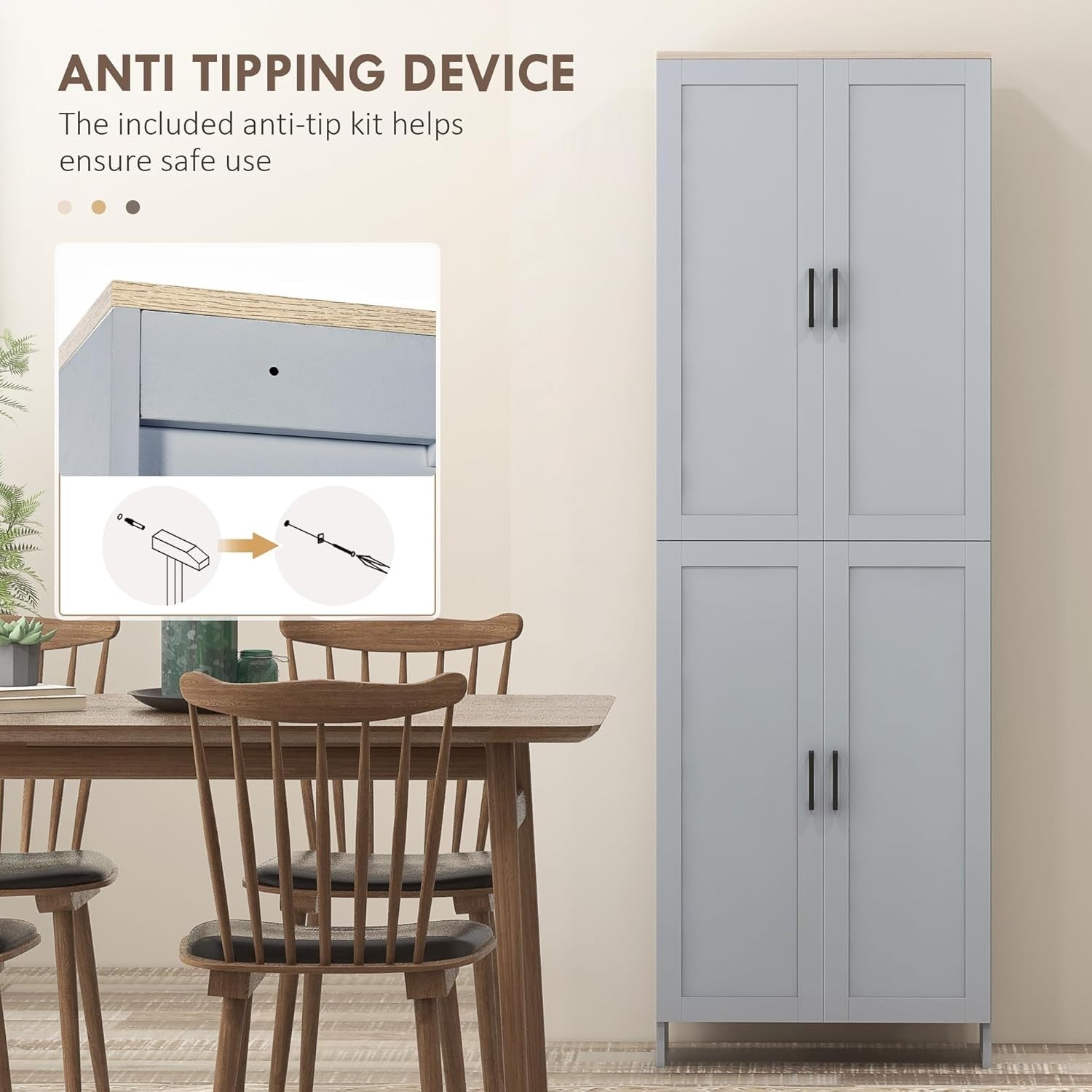 Grey 4 Door Kitchen Storage Cabinet with Adjustable Shelves Tall Cupboard - Kwikley