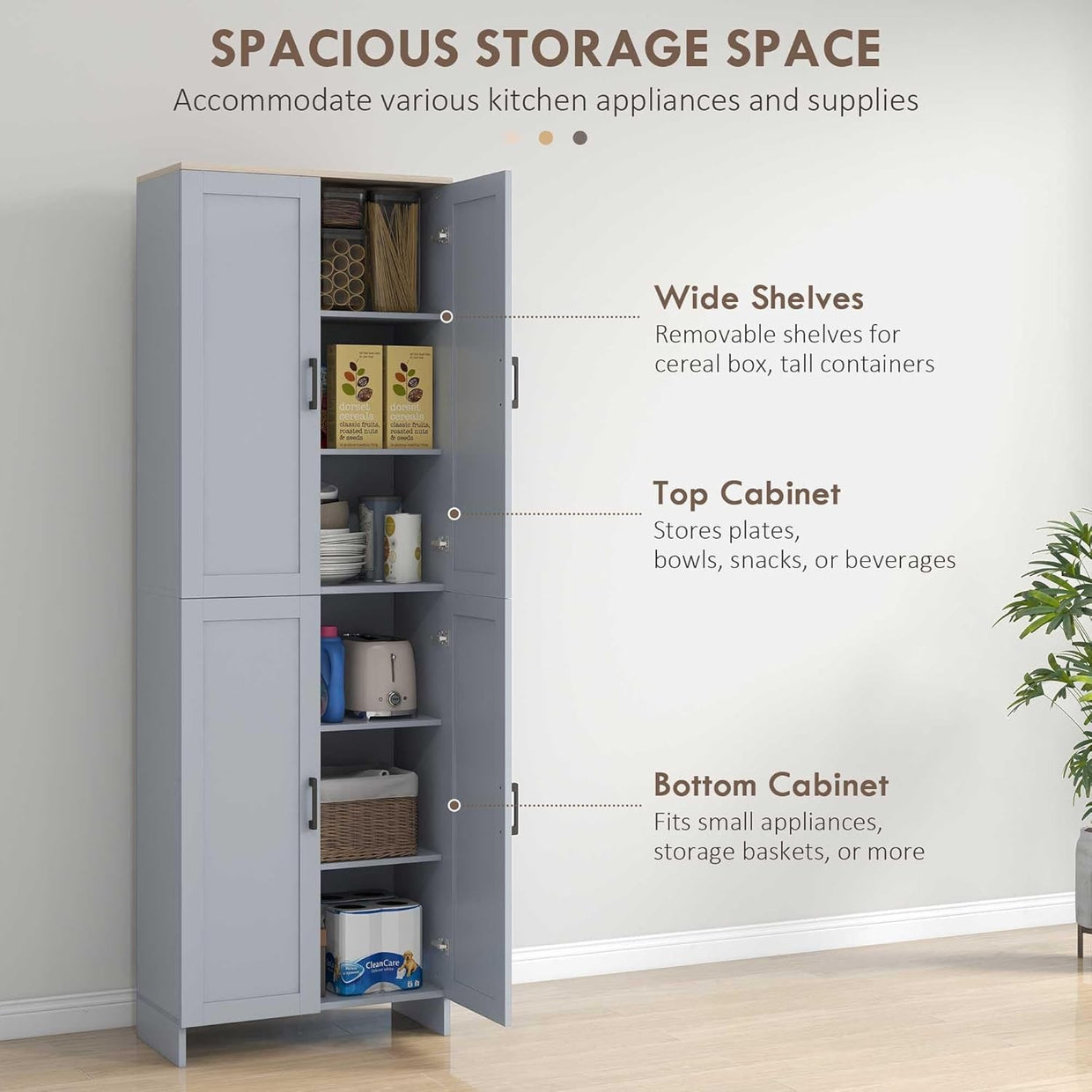 Grey 4 Door Kitchen Storage Cabinet with Adjustable Shelves Tall Cupboard - Kwikley