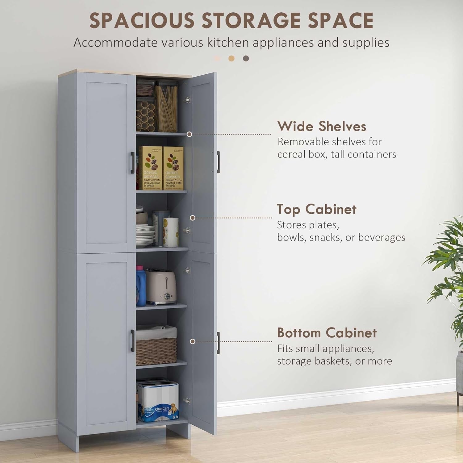 Grey 4 Door Kitchen Storage Cabinet with Adjustable Shelves Tall Cupboard - Kwikley