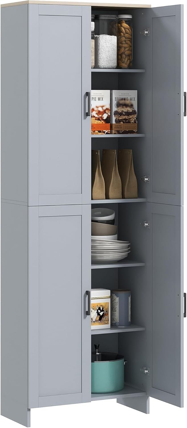 Grey 4 Door Kitchen Storage Cabinet with Adjustable Shelves Tall Cupboard - Kwikley