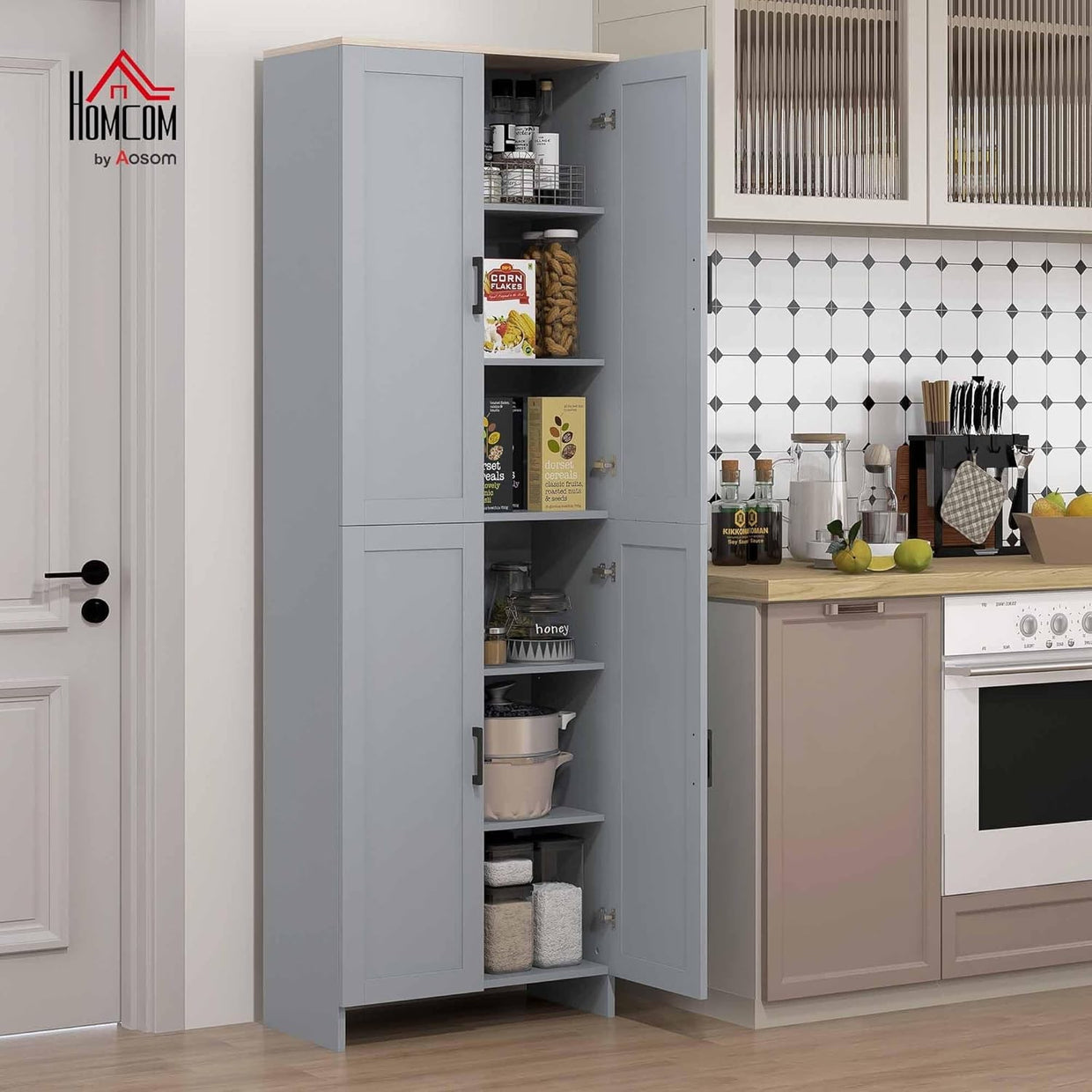 Grey 4 Door Kitchen Storage Cabinet with Adjustable Shelves Tall Cupboard - Kwikley