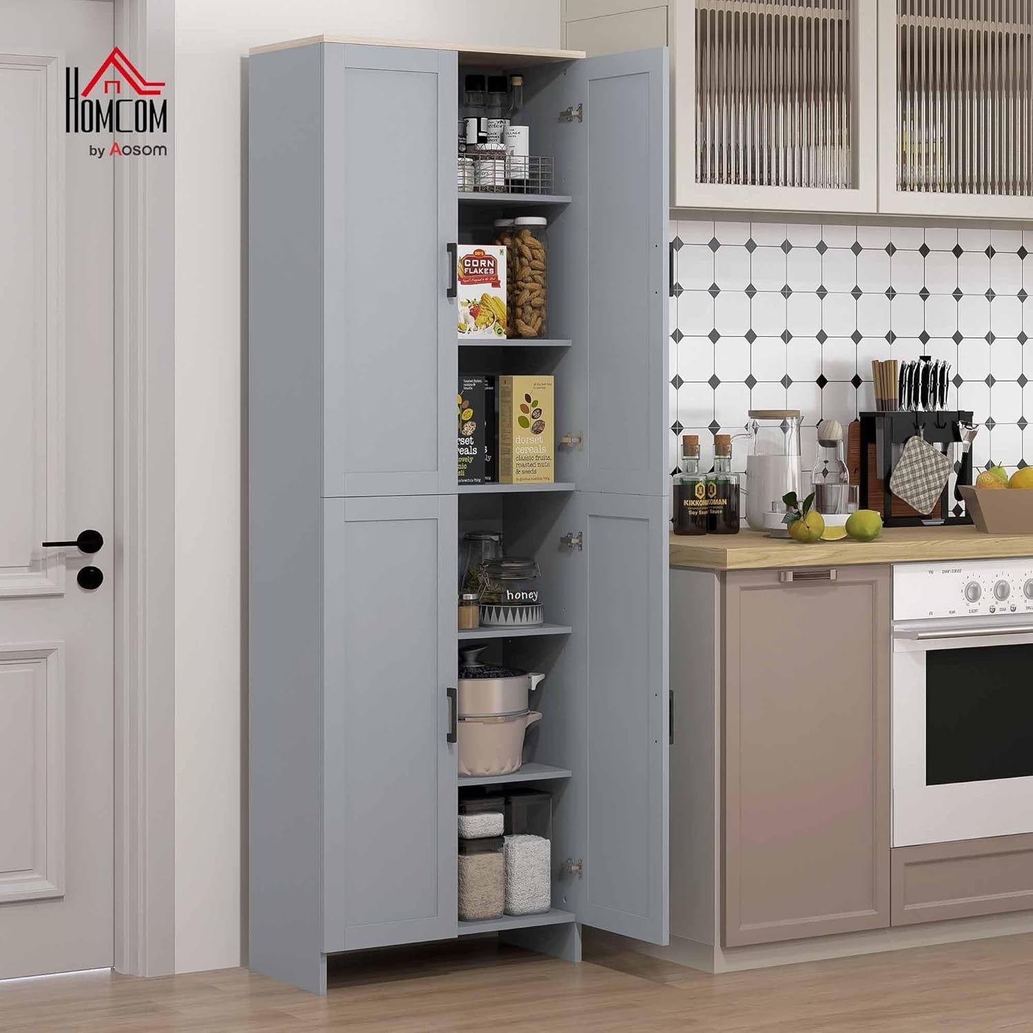 Grey 4 Door Kitchen Storage Cabinet with Adjustable Shelves Tall Cupboard - Kwikley