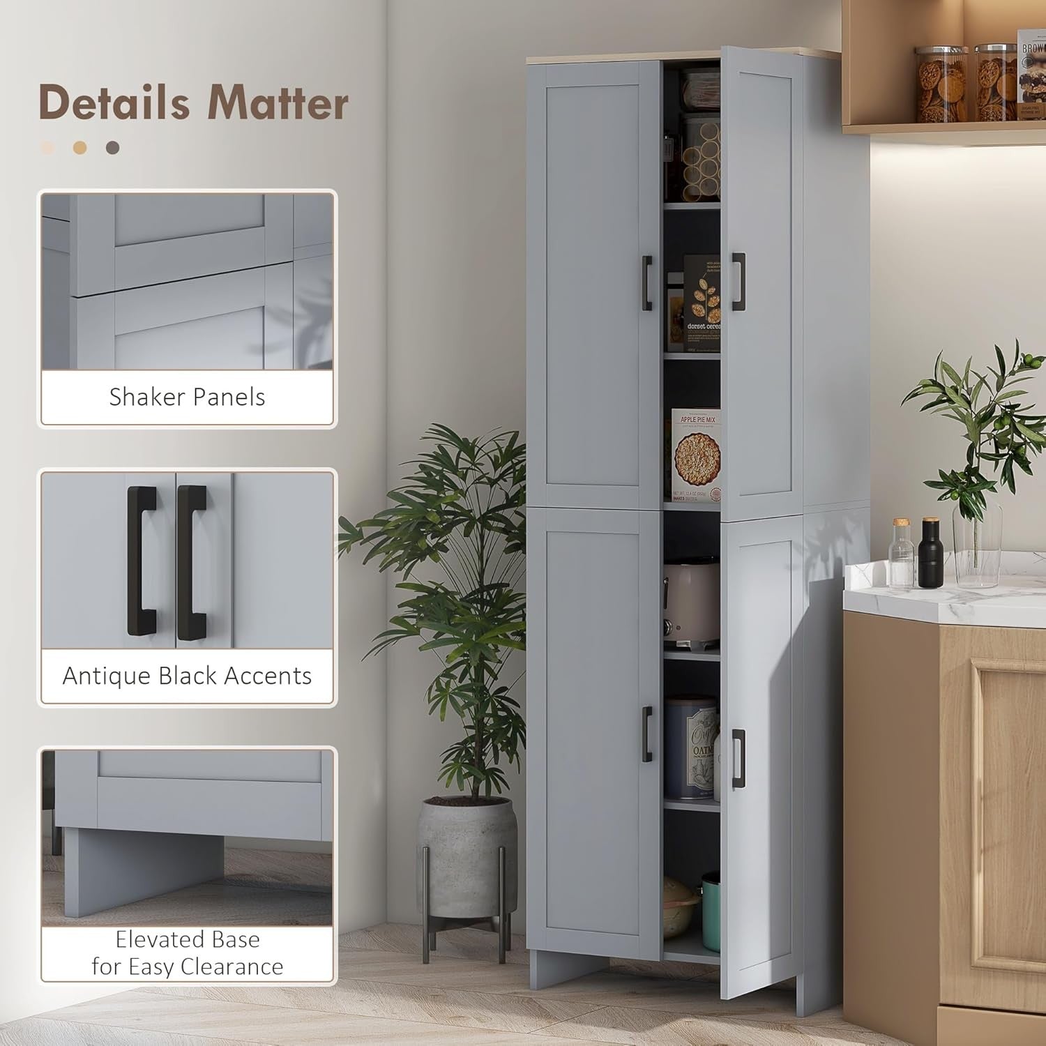 Grey 4 Door Kitchen Storage Cabinet with Adjustable Shelves Tall Cupboard - Kwikley
