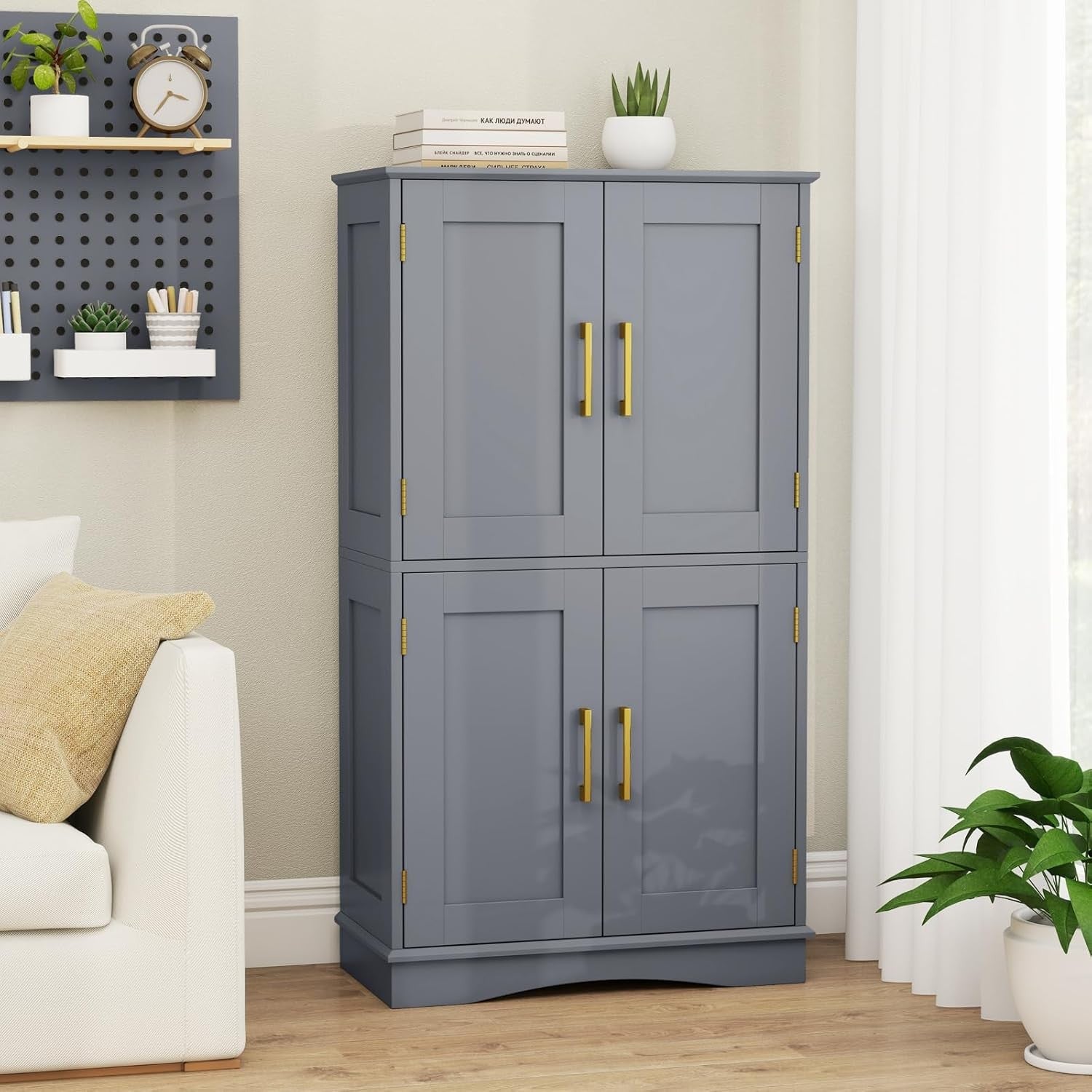 Grey 4 Door Storage Cabinet Freestanding Cupboard with Adjustable Shelves 110cm - Kwikley