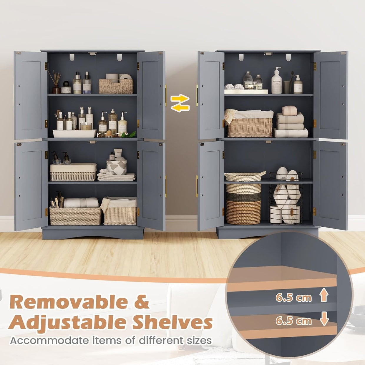 Grey 4 Door Storage Cabinet Freestanding Cupboard with Adjustable Shelves 110cm - Kwikley