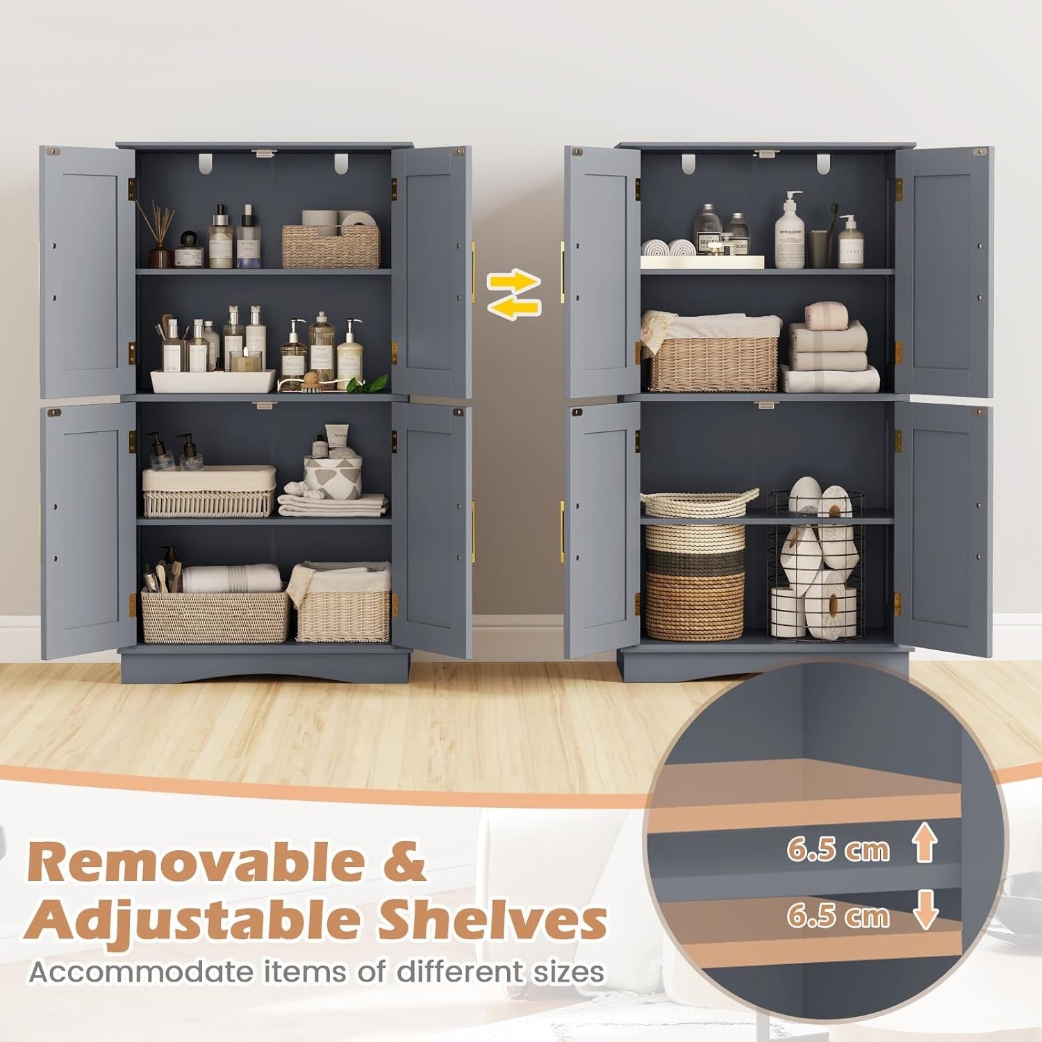 Grey 4 Door Storage Cabinet Freestanding Cupboard with Adjustable Shelves 110cm - Kwikley