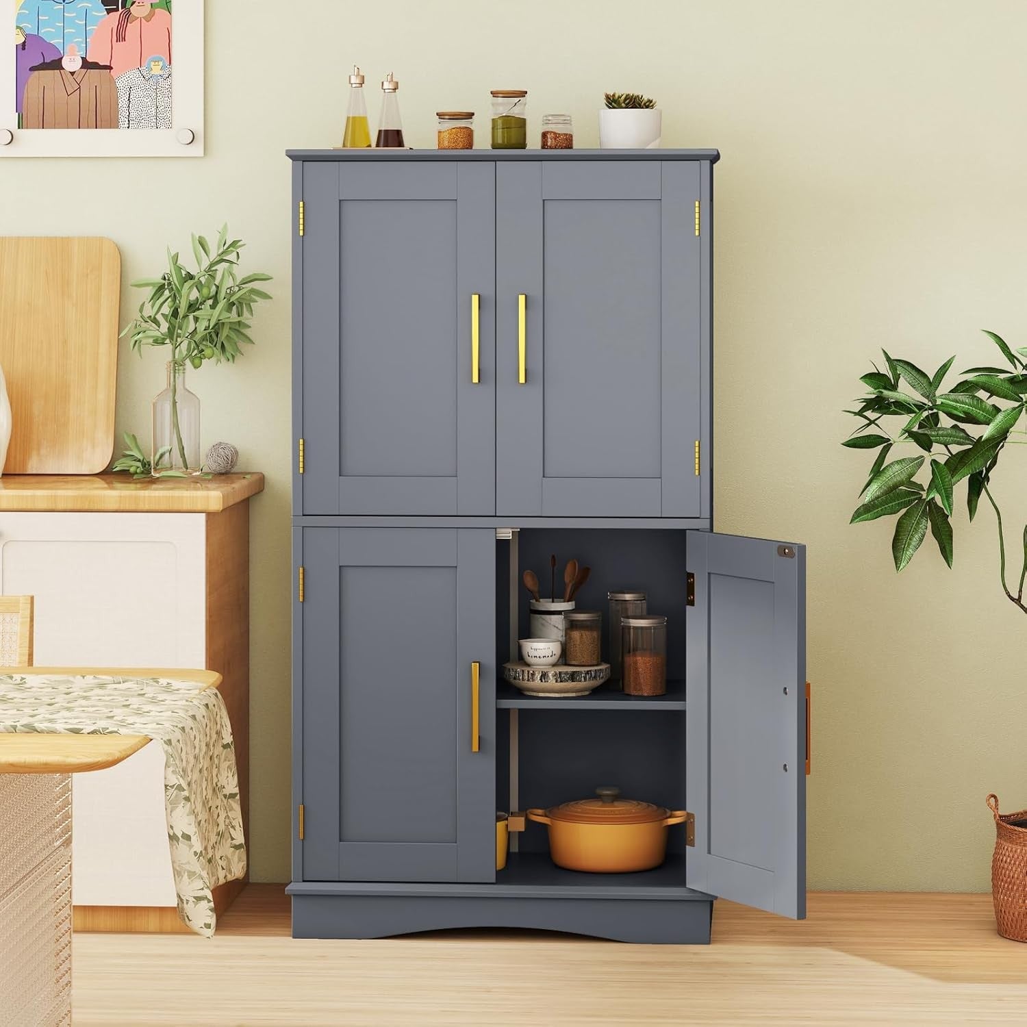Grey 4 Door Storage Cabinet Freestanding Cupboard with Adjustable Shelves 110cm - Kwikley