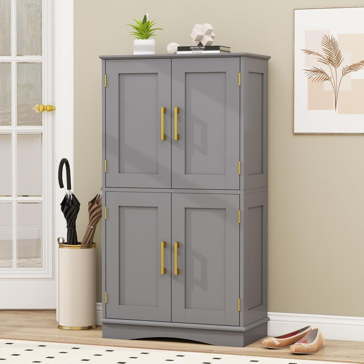 Grey 4 Door Storage Cabinet Freestanding Cupboard with Adjustable Shelves 110cm - Kwikley