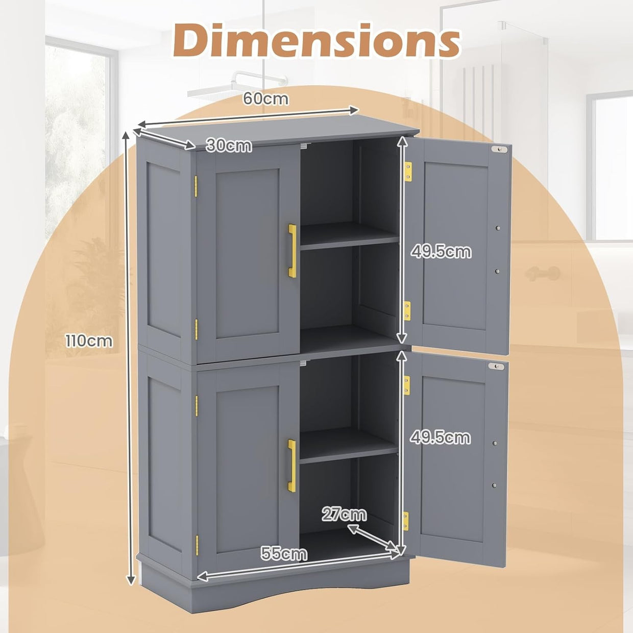 Grey 4 Door Storage Cabinet Freestanding Cupboard with Adjustable Shelves 110cm - Kwikley