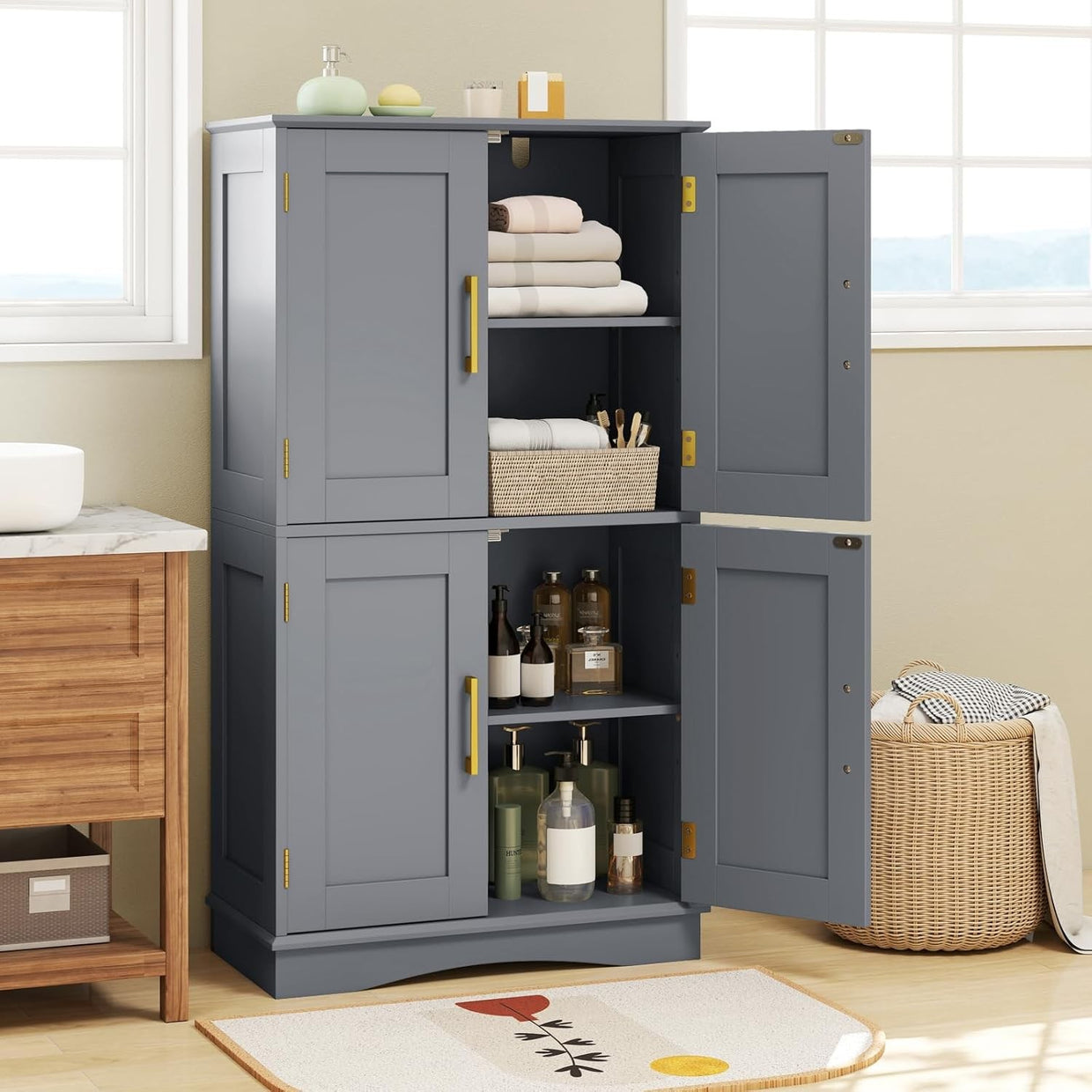 Grey 4 Door Storage Cabinet Freestanding Cupboard with Adjustable Shelves 110cm - Kwikley