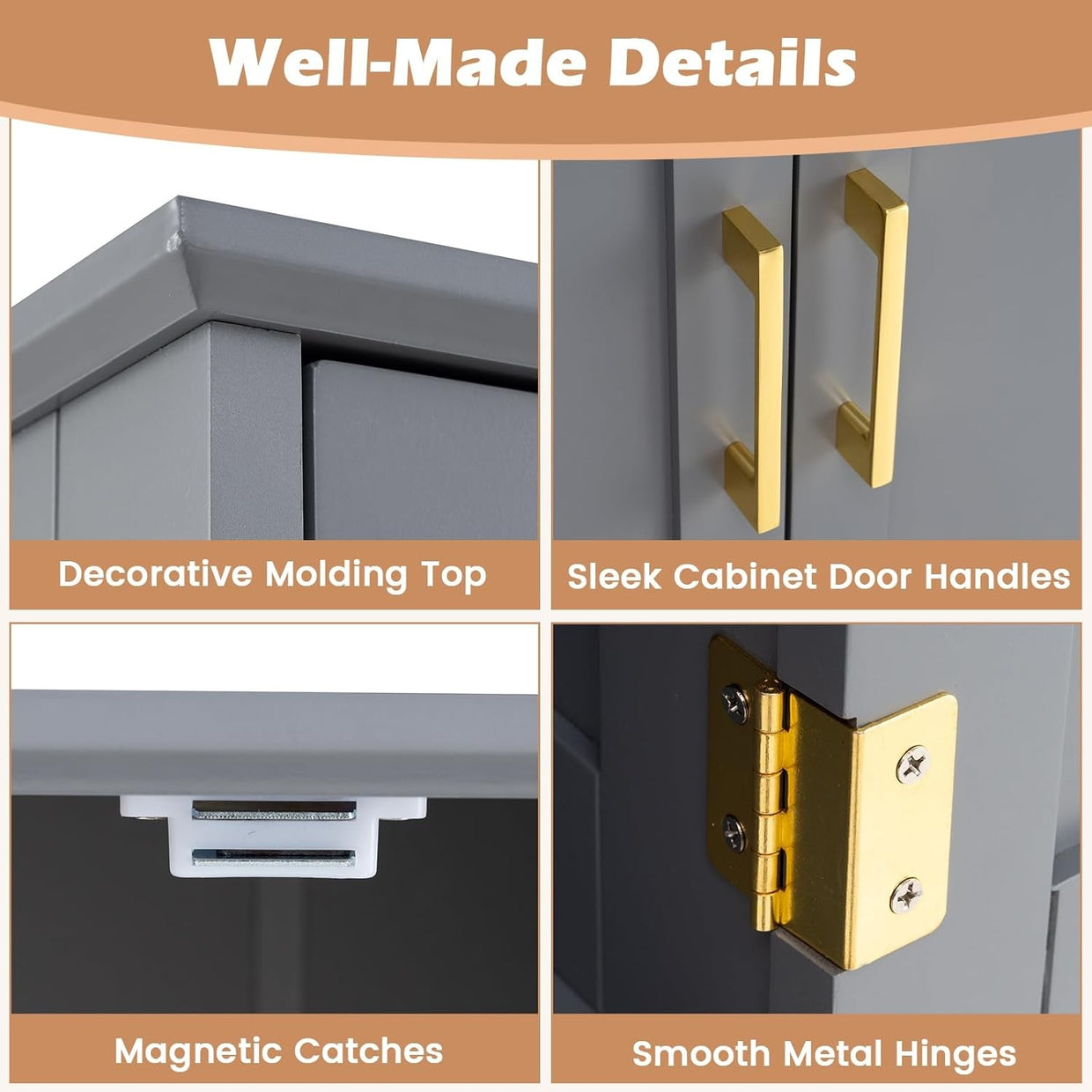 Grey 4 Door Storage Cabinet Freestanding Cupboard with Adjustable Shelves 110cm - Kwikley