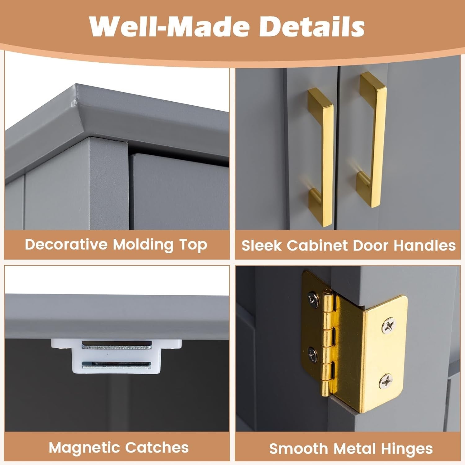 Grey 4 Door Storage Cabinet Freestanding Cupboard with Adjustable Shelves 110cm - Kwikley