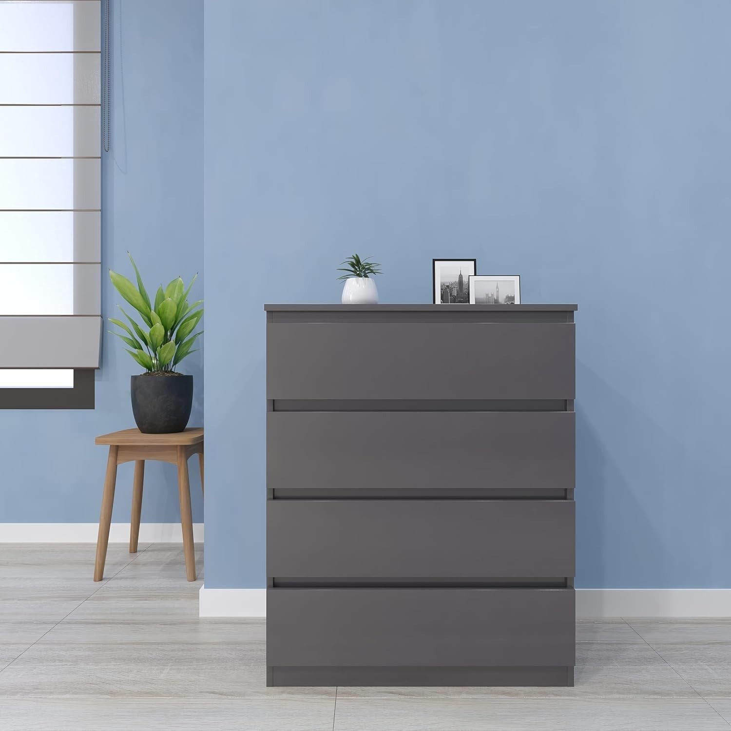 Grey 4 Drawer Chest Engineered Wood Storage Cabinet Bedroom Organizer - Kwikley
