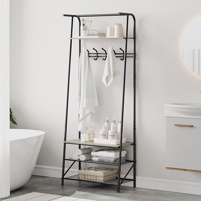 Grey 4 - in - 1 Coat Rack with Shoe Storage & 5 Hooks Metal Hall Tree Stand - Kwikley