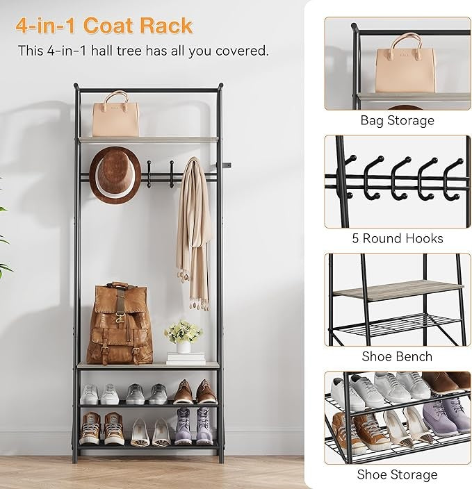 Grey 4 - in - 1 Coat Rack with Shoe Storage & 5 Hooks Metal Hall Tree Stand - Kwikley
