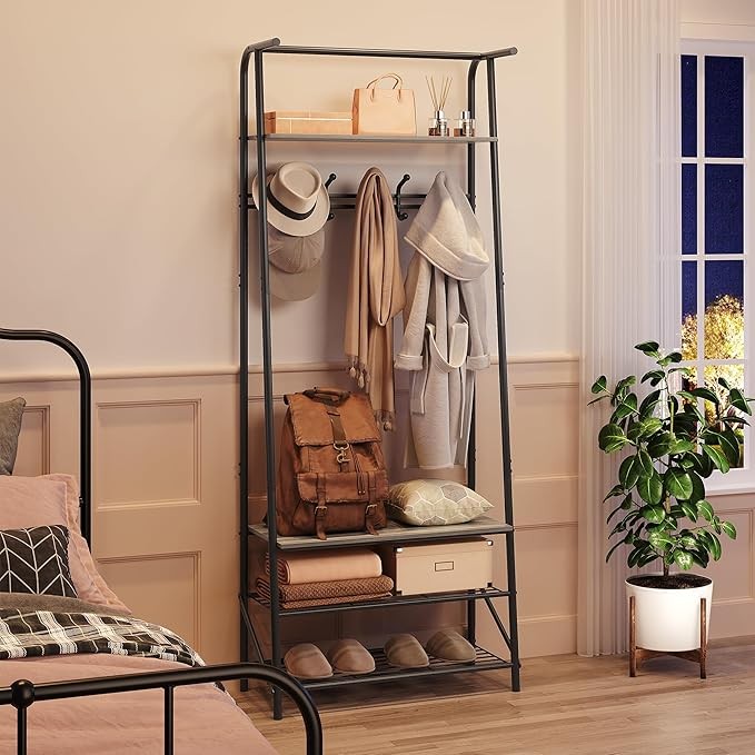 Grey 4 - in - 1 Coat Rack with Shoe Storage & 5 Hooks Metal Hall Tree Stand - Kwikley