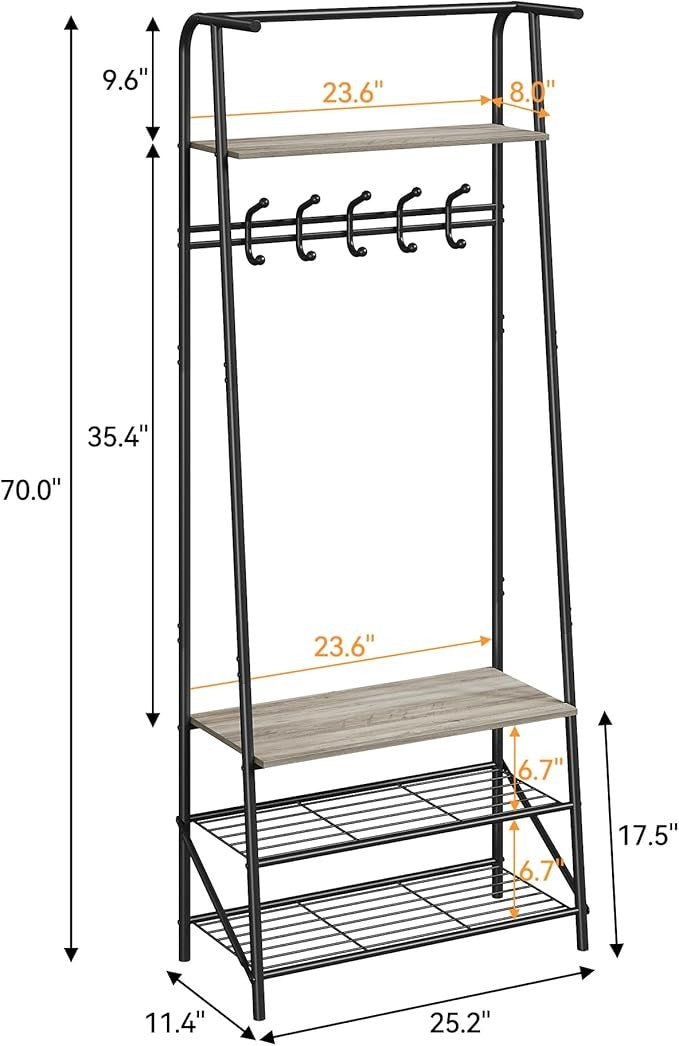 Grey 4 - in - 1 Coat Rack with Shoe Storage & 5 Hooks Metal Hall Tree Stand - Kwikley