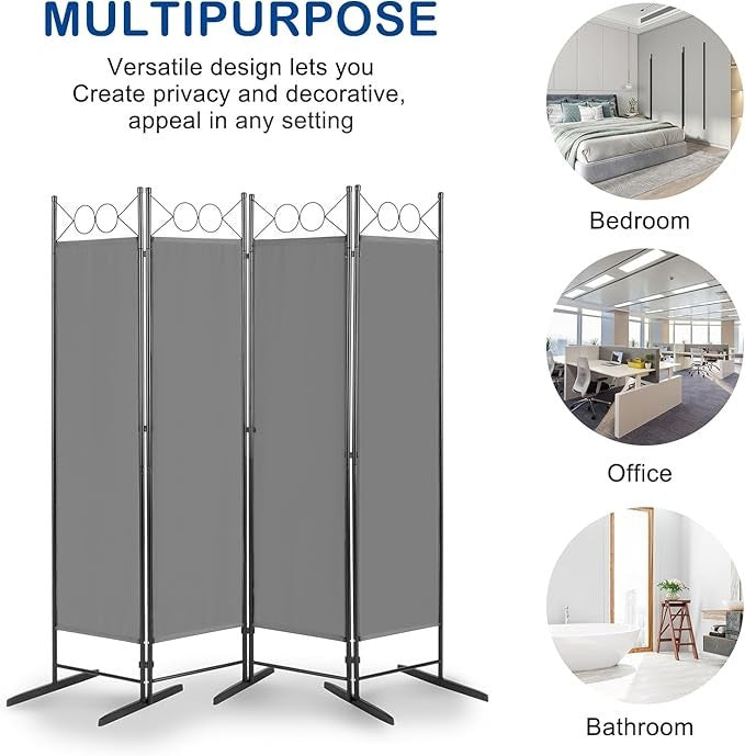 Grey 4 Panel Room Divider 5.7FT Folding Privacy Screen – Portable Partition Wall - Kwikley