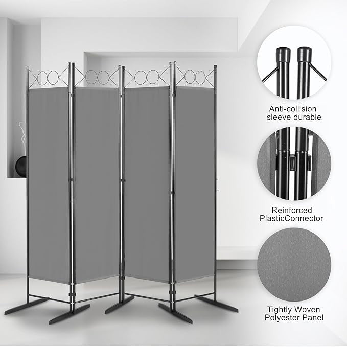 Grey 4 Panel Room Divider 5.7FT Folding Privacy Screen – Portable Partition Wall - Kwikley