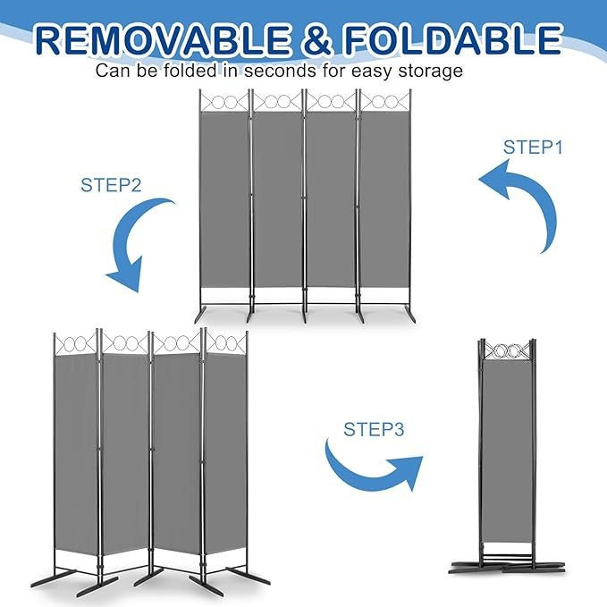 Grey 4 Panel Room Divider 5.7FT Folding Privacy Screen – Portable Partition Wall - Kwikley