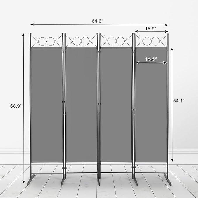 Grey 4 Panel Room Divider 5.7FT Folding Privacy Screen – Portable Partition Wall - Kwikley