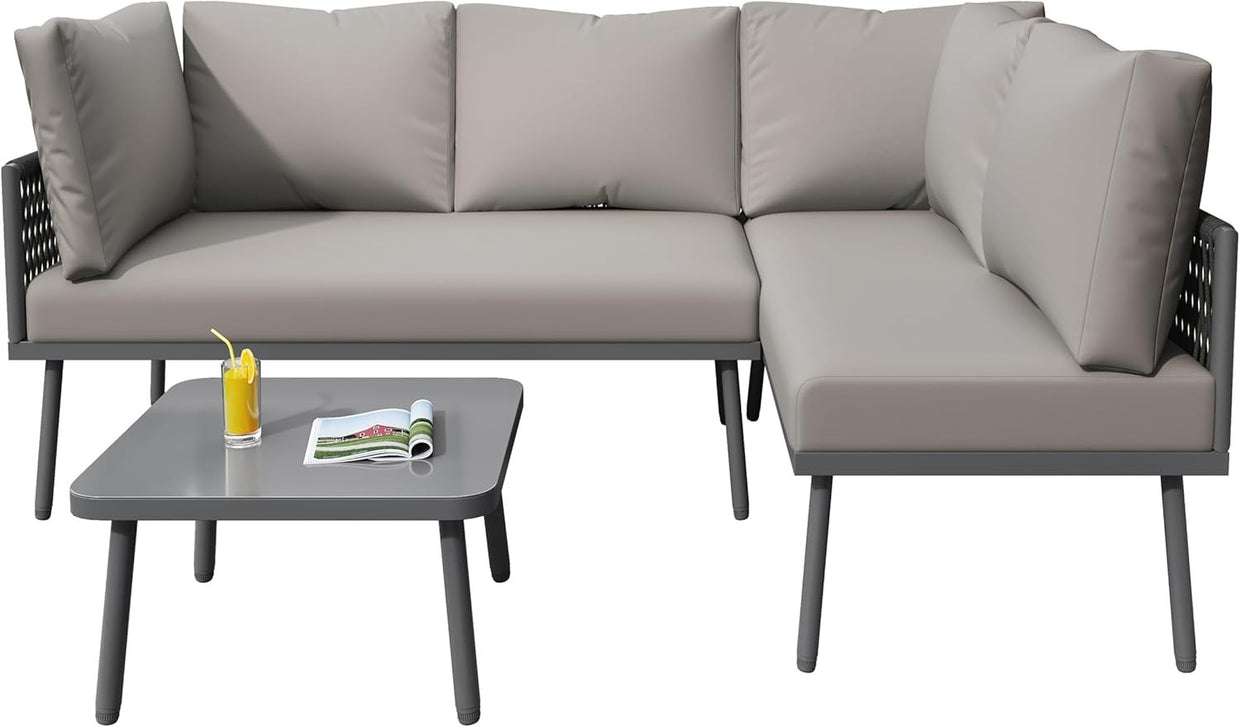 Grey 4 - Piece Garden Furniture Set with Cushions, Lounge Sofa & Glass Table - Kwikley