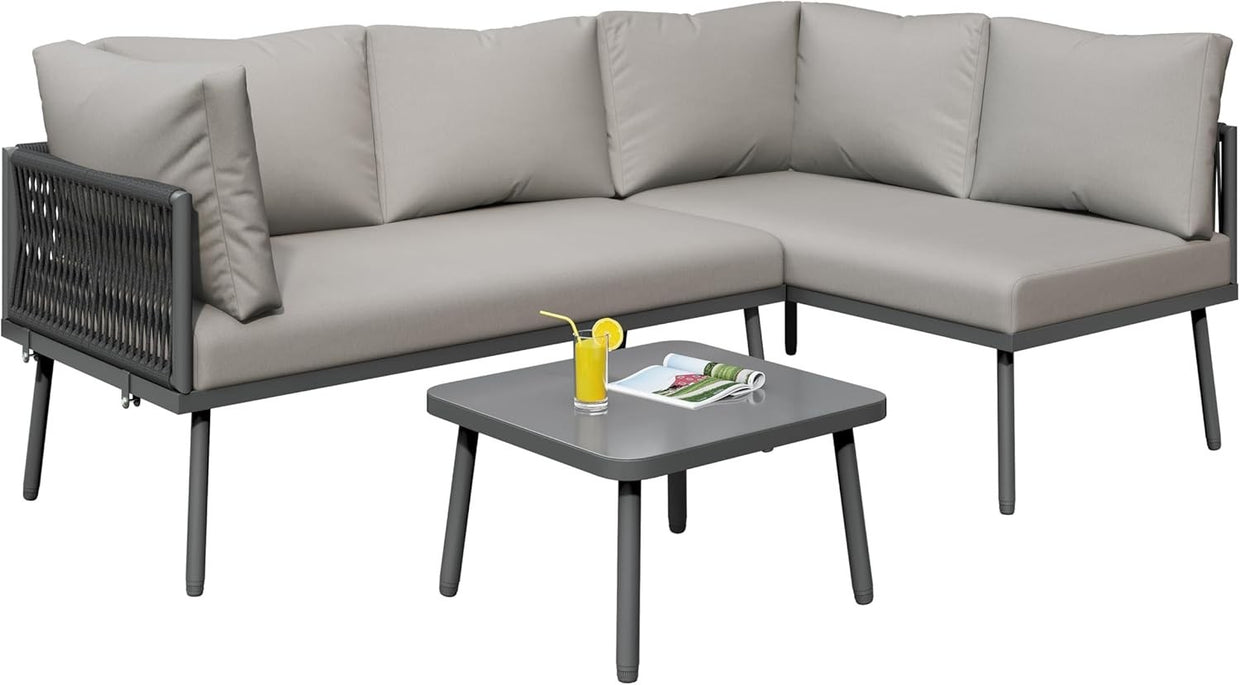 Grey 4 - Piece Garden Furniture Set with Cushions, Lounge Sofa & Glass Table - Kwikley