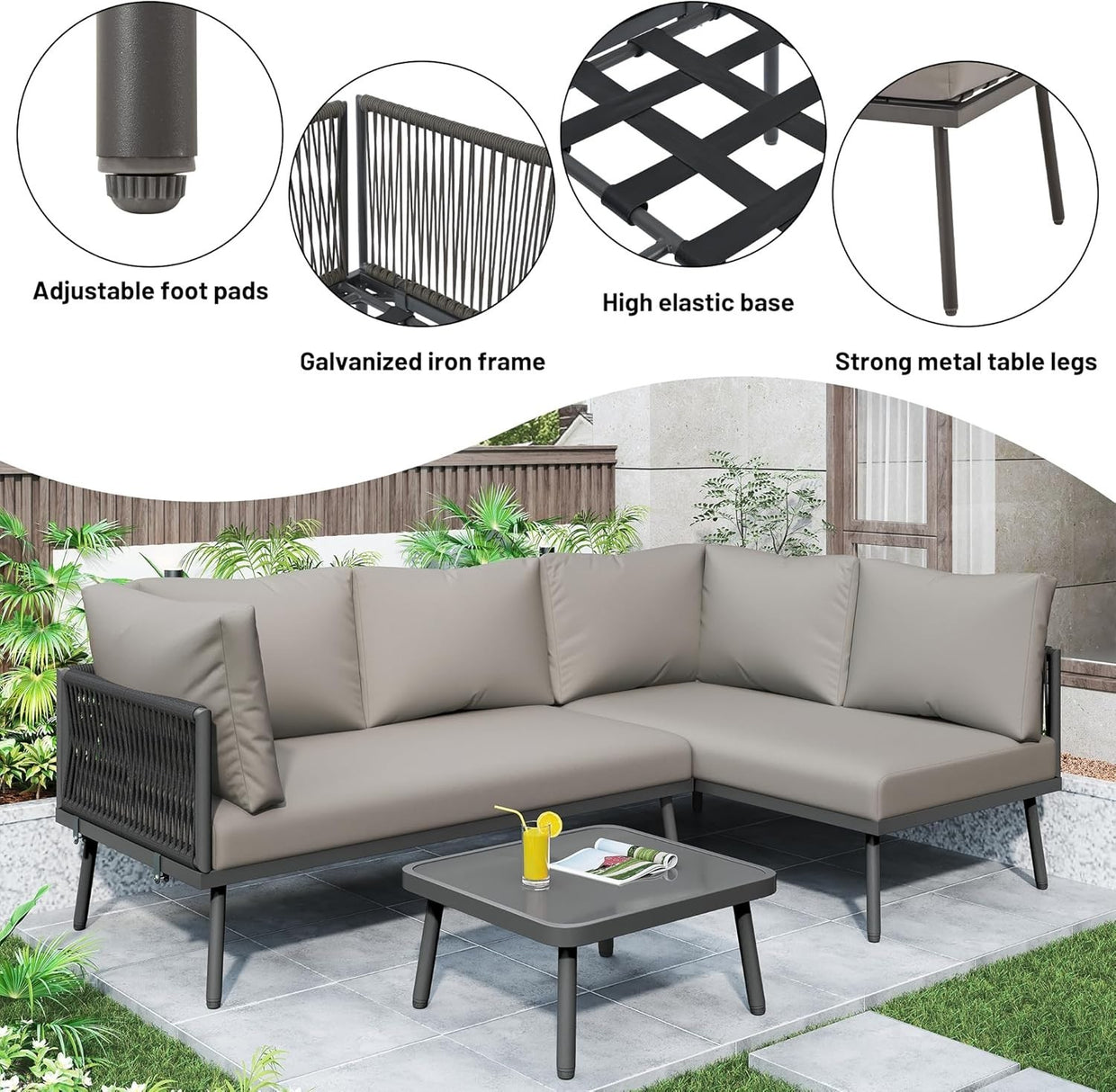 Grey 4 - Piece Garden Furniture Set with Cushions, Lounge Sofa & Glass Table - Kwikley