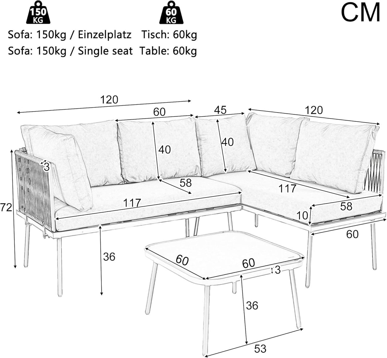 Grey 4 - Piece Garden Furniture Set with Cushions, Lounge Sofa & Glass Table - Kwikley
