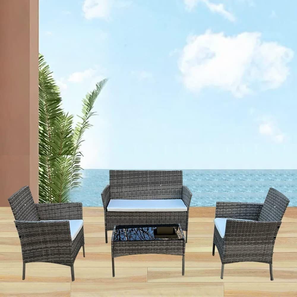 Grey 4 - Piece Rattan Garden Sofa Set Outdoor Patio Table Chairs Cushions - Kwikley