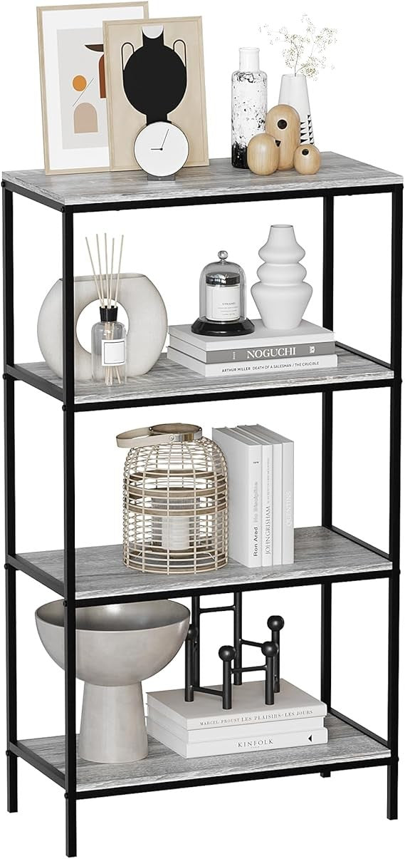 Grey 4 Tier Industrial Shelf Unit – Modern Wooden Bookcase Storage Rack Display - Kwikley