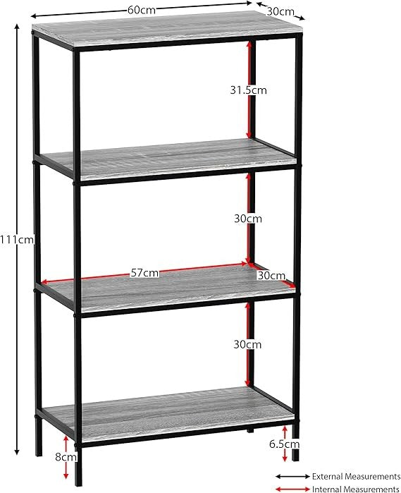 Grey 4 Tier Industrial Shelf Unit – Modern Wooden Bookcase Storage Rack Display - Kwikley