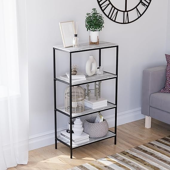 Grey 4 Tier Industrial Shelf Unit – Modern Wooden Bookcase Storage Rack Display - Kwikley