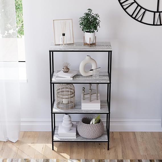 Grey 4 Tier Industrial Shelf Unit – Modern Wooden Bookcase Storage Rack Display - Kwikley