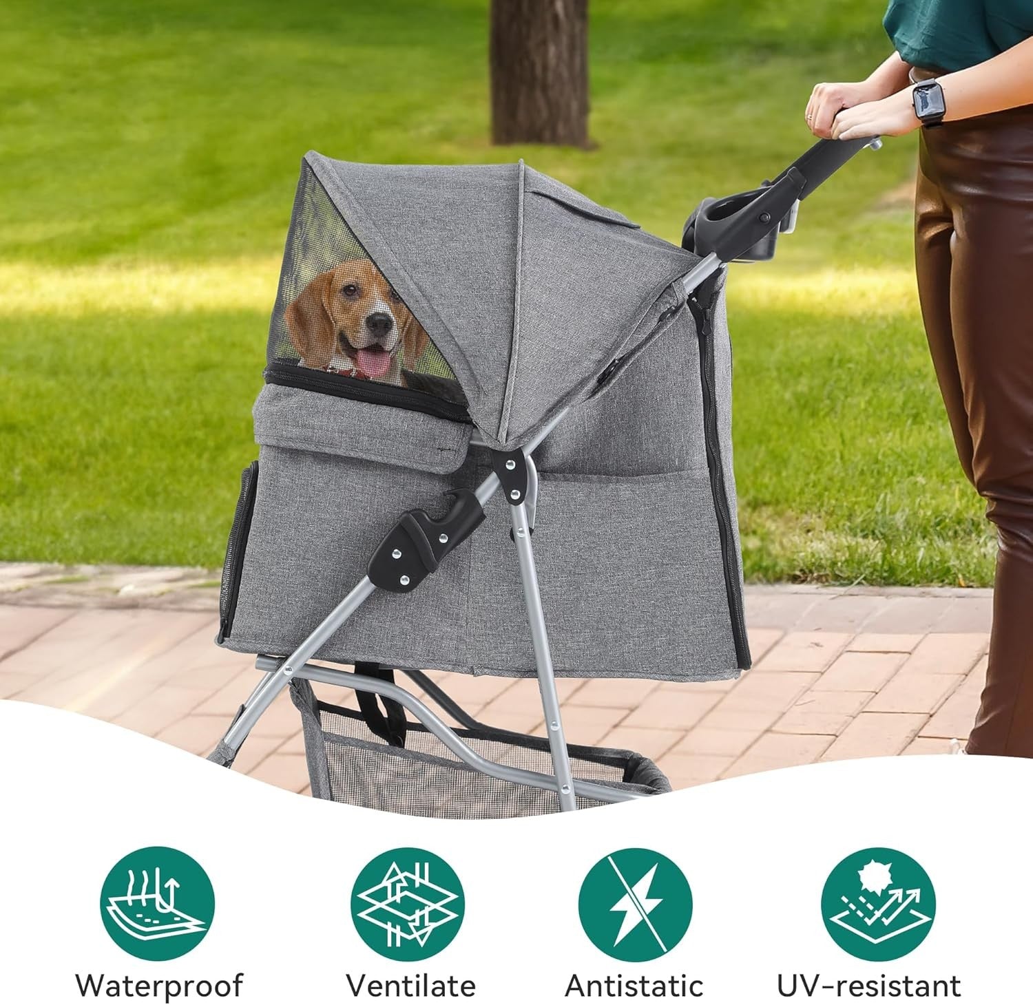 Grey 4 Wheel Dog Stroller Folding Pet Pushchair Cup Holder Storage Basket - Kwikley